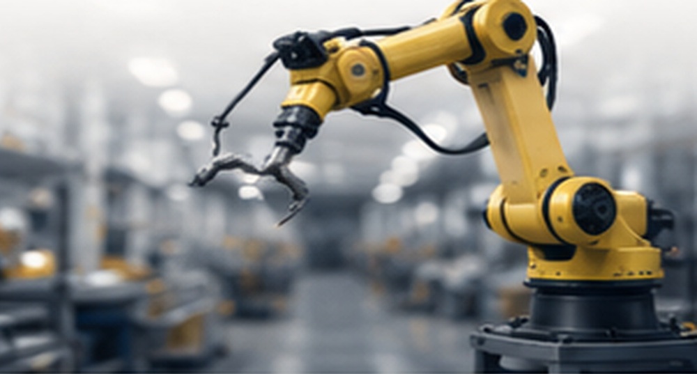 Üretim ve teknoloji ortamını temsil eden endüstriyel robot kolu