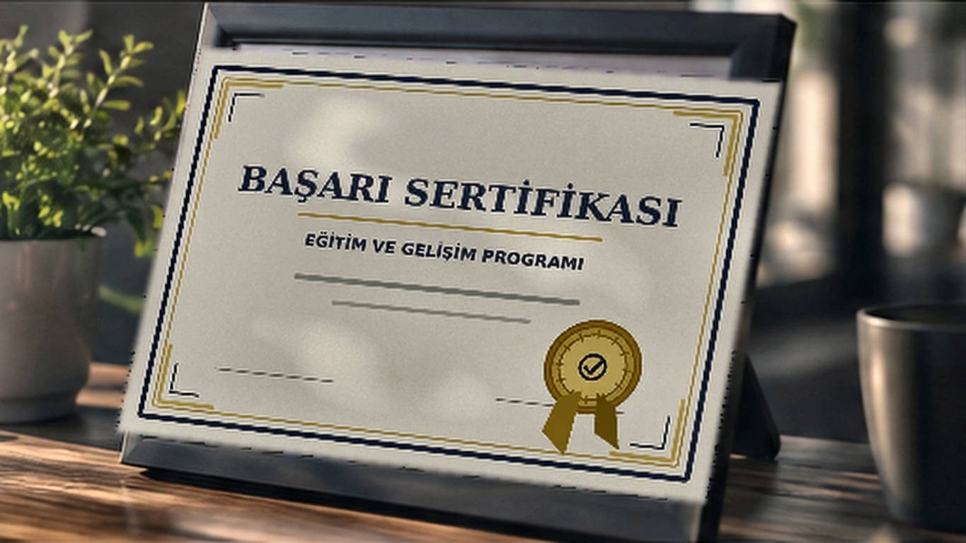 Gün ışığı alan modern bir çalışma masasında çerçeveli başarı sertifikası